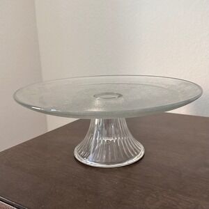 Vintage Anchor Hocking Clear Glass Cake Stand Pedestal Ribbed‎ Base Frosted Top